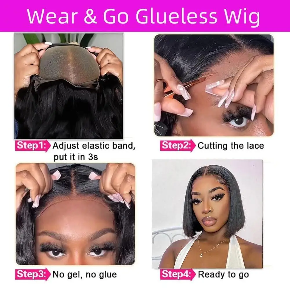 غلويليس ارتداء والذهاب بوب الباروكات الشعر البرازيلي قصير مستقيم الباروكات قبل قطع 4x4 الدانتيل إغلاق بوب شعر مستعار للنساء السود سهلة الارتداء