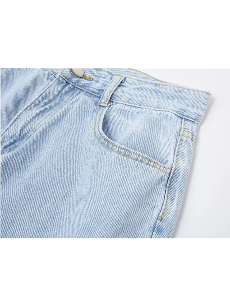 Blue Ripped Vintage Woman's Jeans Streetwear Harajuku High Waist Lace Up Pants Summer Fashion Straight Denim Trousers Ladies