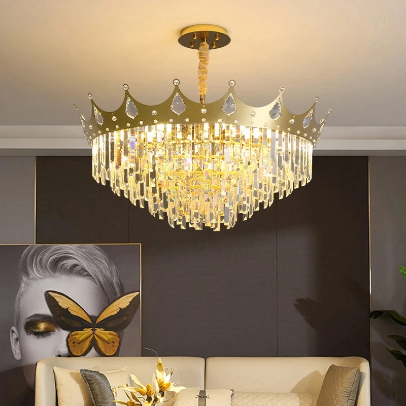 

Modern circular golden crown crystal luxury gold LED pendant lamp, living room, bedroom, villa duplex floor to ceiling lighting