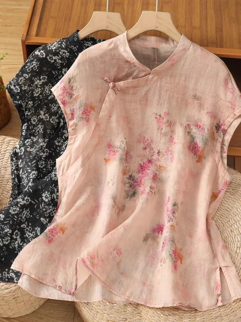

New National Style Digital Printed Ramie Shirt Women's Summer Chinese Thin Retro Button Cotton And Hemp Flying Sleeve Top W318