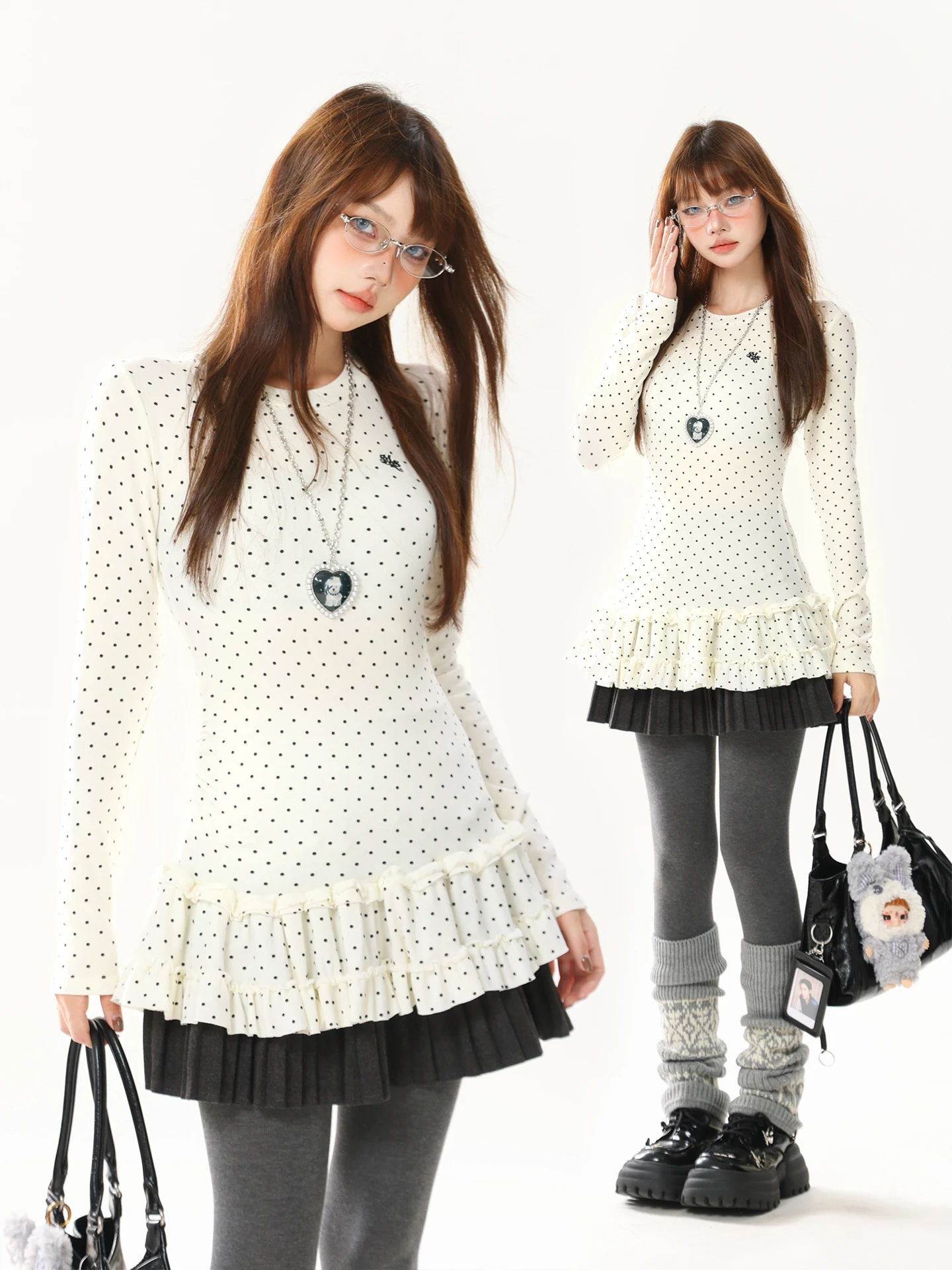 

Женская винтажная футболка с длинным рукавом, облегающая, с круглым вырезом, в горошек, с кружевным подолом, для многослойного ношения, из хлопка