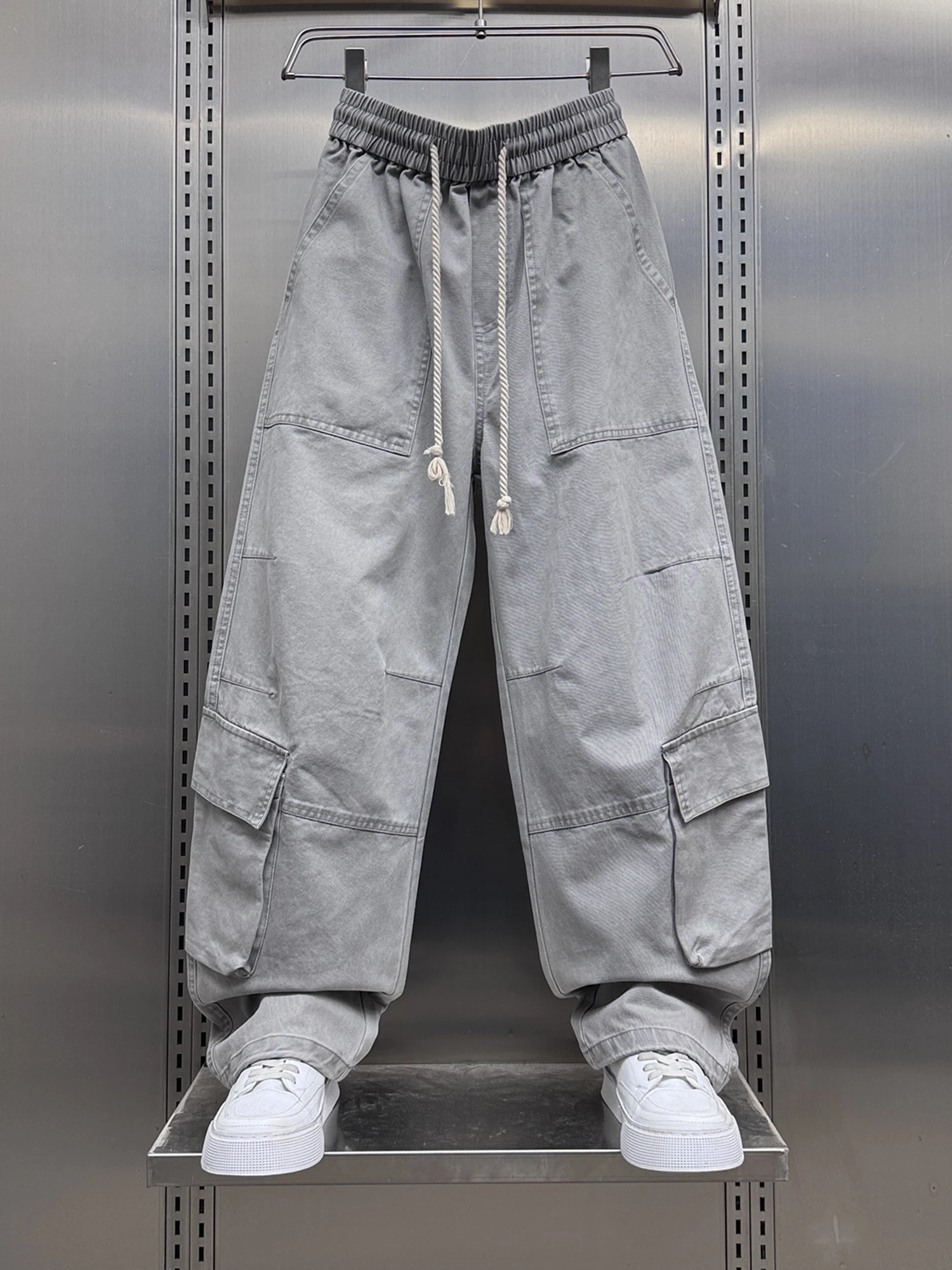 

American Sle Casual Loose Fit Summer Thin Cotton Work Trousers for Men with Multiple kets Trendy Straight Leg Pants