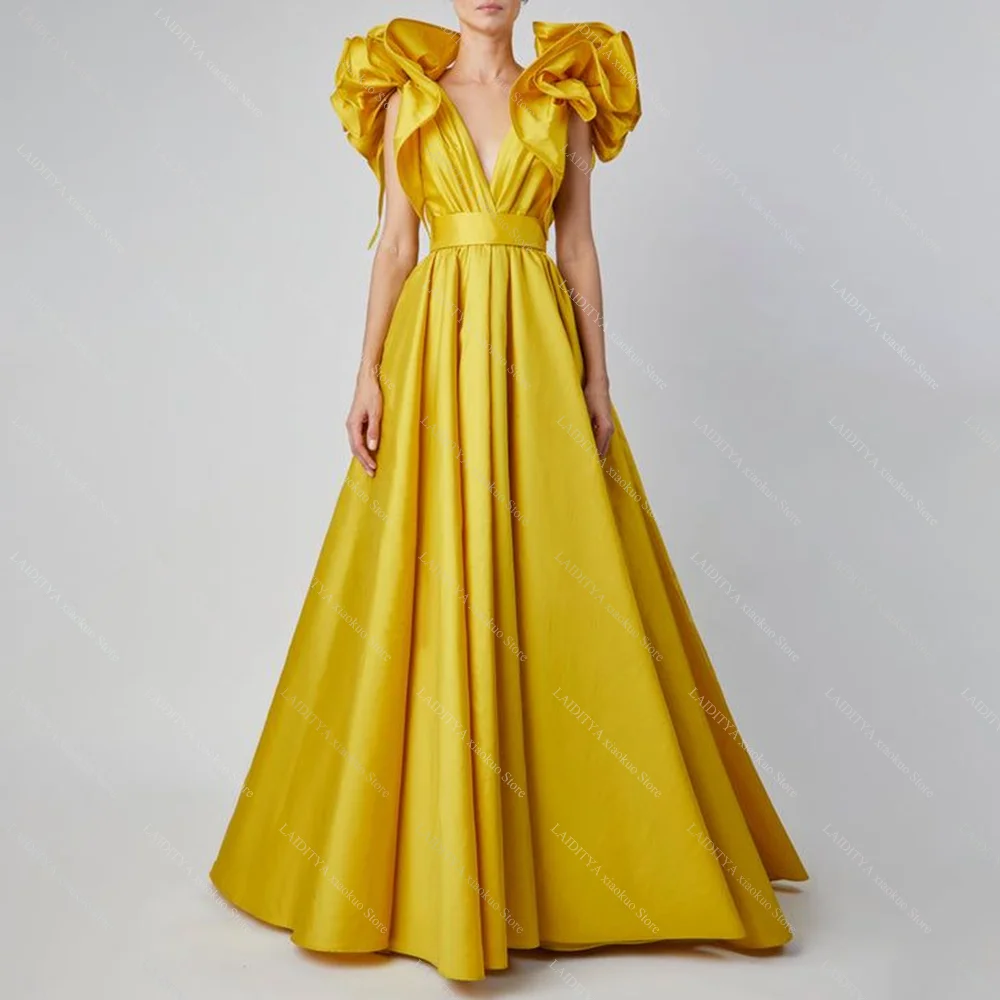 

Chic V-Neck Party Dresses Gorgeous Ruched Pleated Strap A-Line Prom Gowns Fashion Draped Floor Length Women Evening Dresses