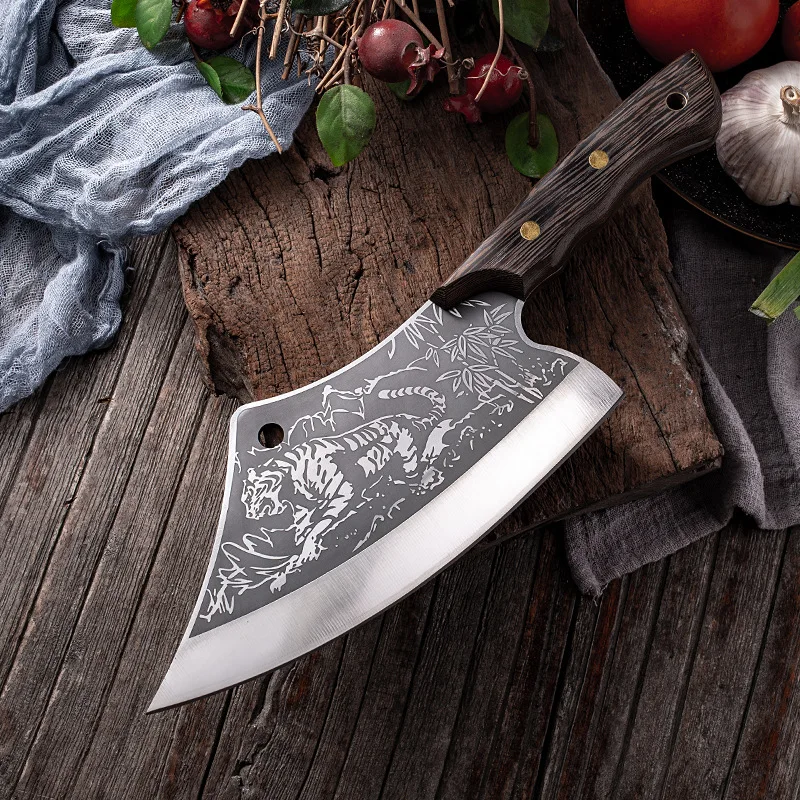 Handmade Stainless Steel Kitchen Knife Meat Cleaver Butcher Knife Hammer Pattern Slicing Knife Wood Handle Utility Knife