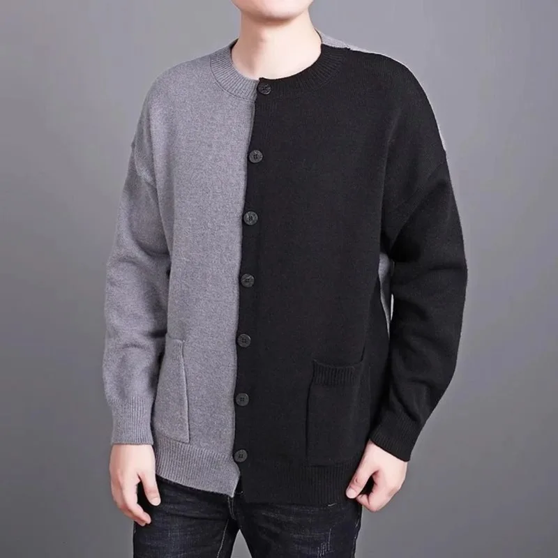 

Men's Vintage Loose Fit Color-Block Knit Cardigan - Long Sleeve Pullover Sweater with Stand Collar, Casual Lounge Style