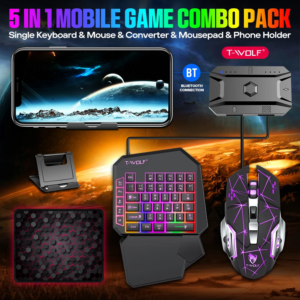 جديد حار لعبة قطعة أثرية بيد واحدة مع مسند راحة اليد RGB محول لوحة المفاتيح ماوس قابل للبرمجة 5 في 1 مجموعة ل أجهزة ألعاب أندرويد iOS