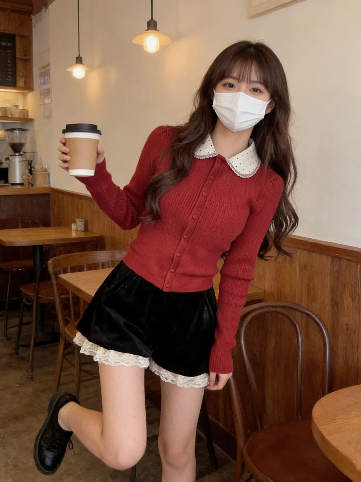 

Retro Red Polka Dot Lace Doll Collar Knitted Open Cardigan Women's Slim Fit ort Coat Top Warmth Long Sve Regular Length