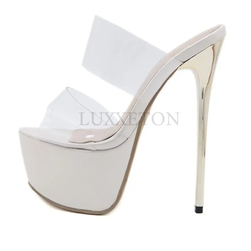 Platform Women Thin High Heels Slippers Summer Sexy PVC Transparent Shoes Club Stripper Party Dress Sandals White