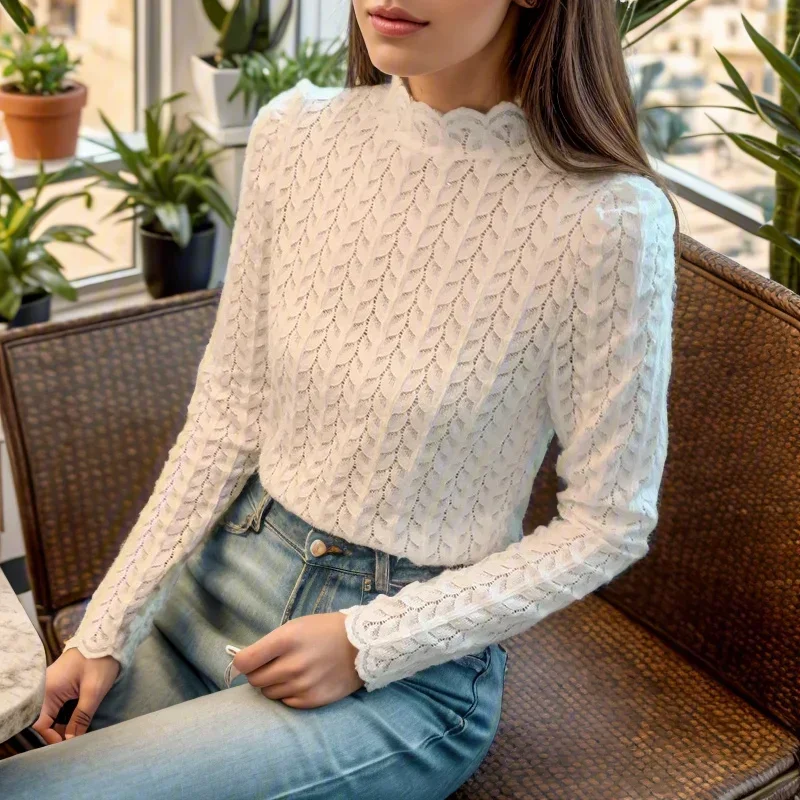 

Elegant Long Sleeve White Lace Blouse for Women Fashion Lace Pullover Shirt Woman Solid Slim Office Lady Tops Blusas Mujer 29748