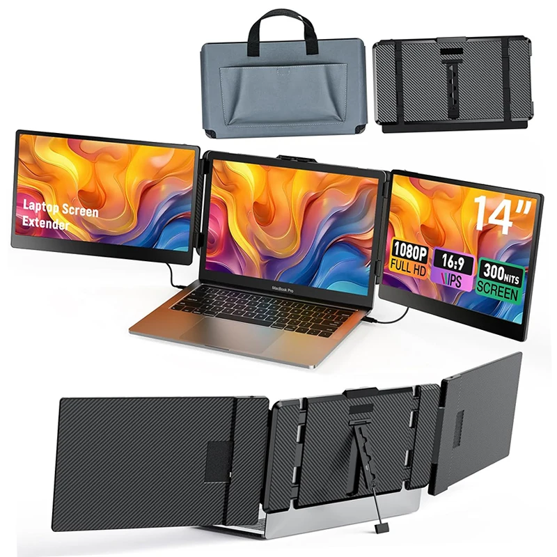 Factory Portable Monitor 14 Inch IPS Triple Laptop Screen Extender 1080P FHD Dual External Display For 13-17