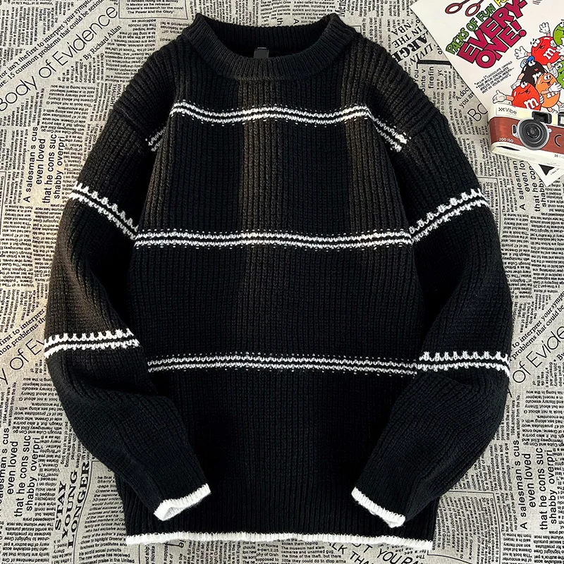 Autumn and Winter Striped Sweater Men's Korean Knitted O-neck Long Sleeve Casual Loose Stretchy Male Pullovers Street Knitwear