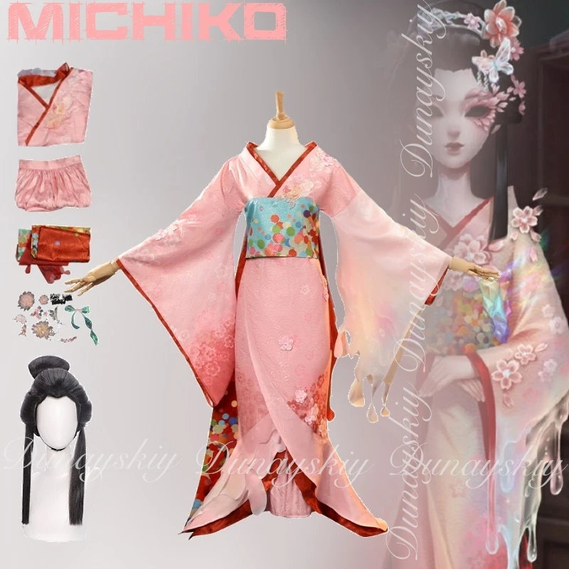 Juego Identity V Michiko Cosplay uno de reguladores con vestido rosa ámbar de lágrima derretida con peluca Updo negra disfraz de Cosplay todo Set