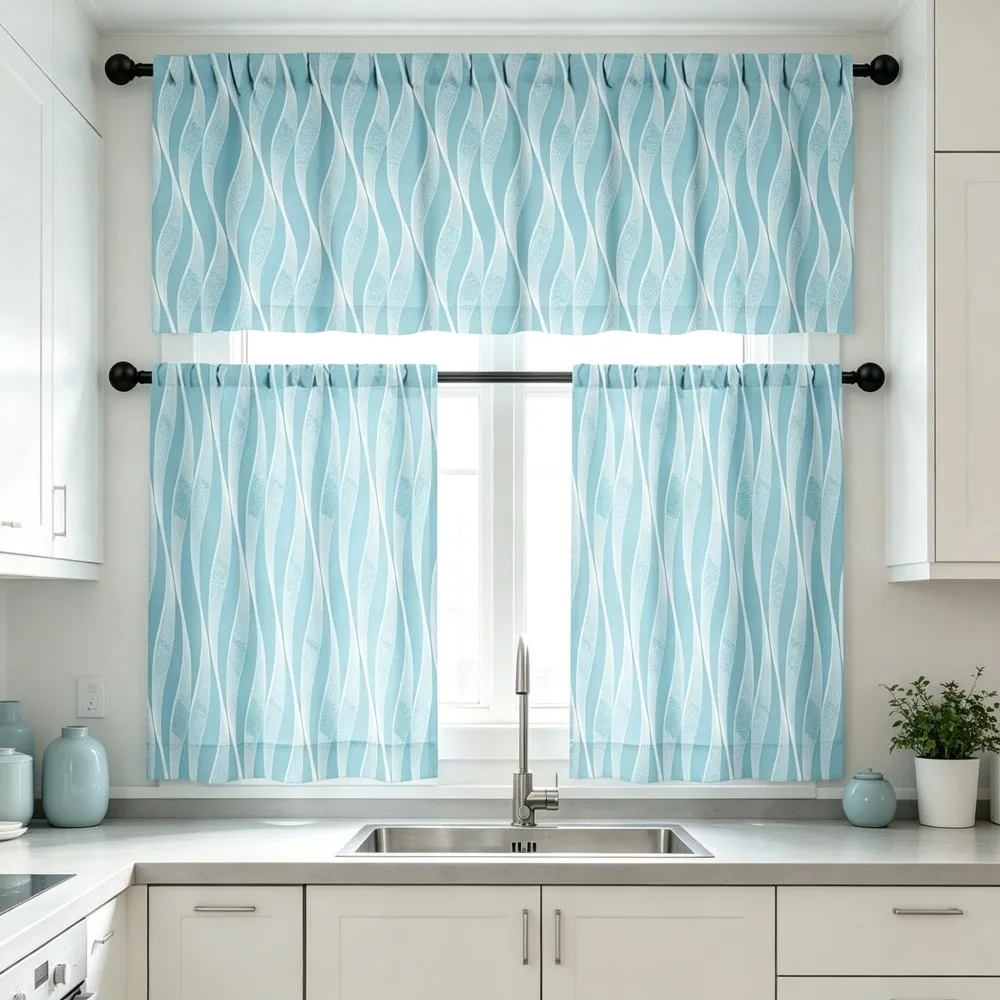 Minimalist Kitchen Curtains, Light Blue Wave Stripe, Digital Print, Kitchen Dining Room, Rod Pocket Polyester, Home Decor