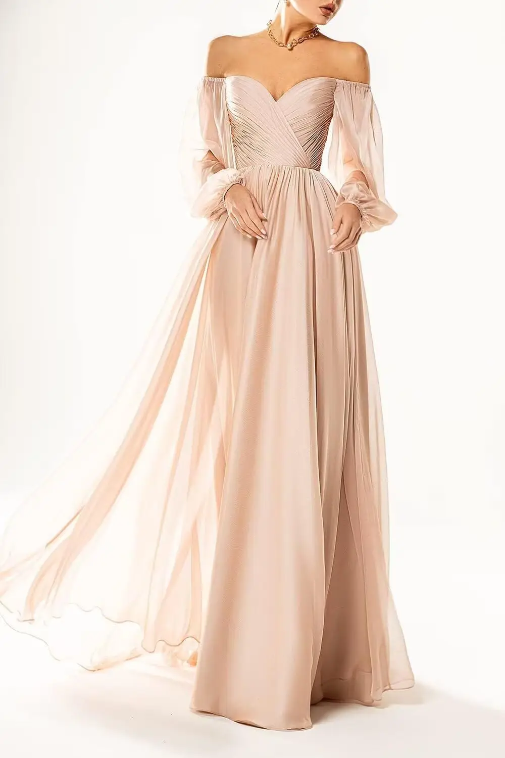 Abito da sposa Boho con spalle scoperte in chiffon gonfio maniche lunghe abiti da sera formali da ballo con tasche abito da sposa da sposa