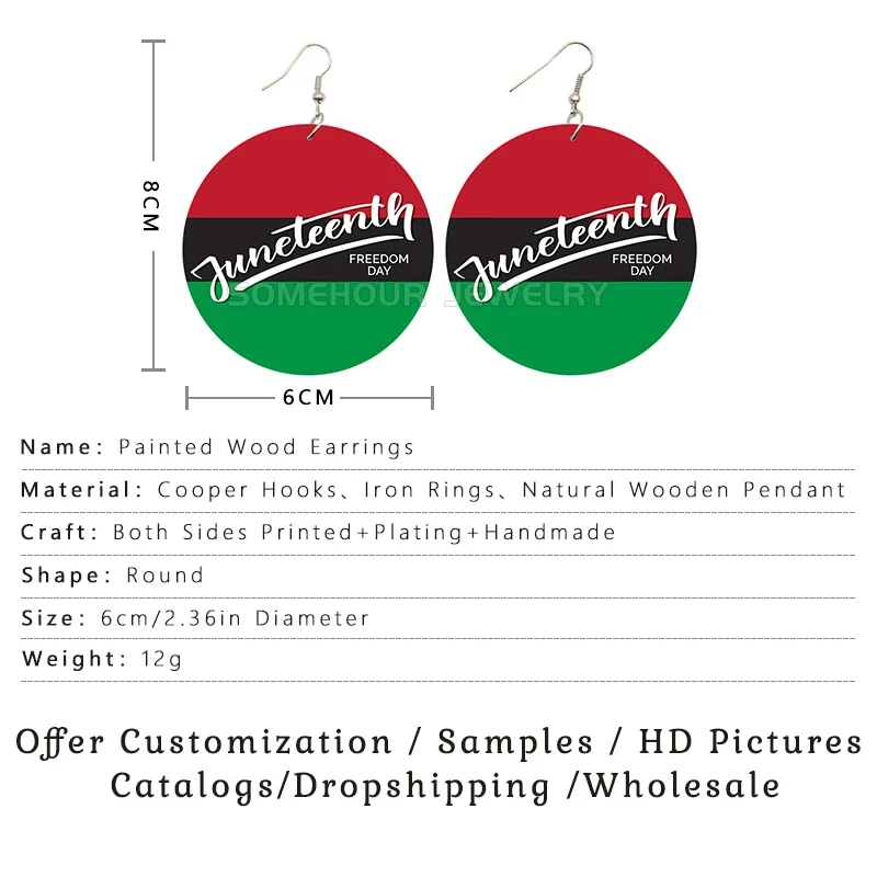 SOMEHOUR Celebrate Juneteenth Freedom Day America African Wooden Drop Earrings June 19th Independence Print Women Loops Dangle