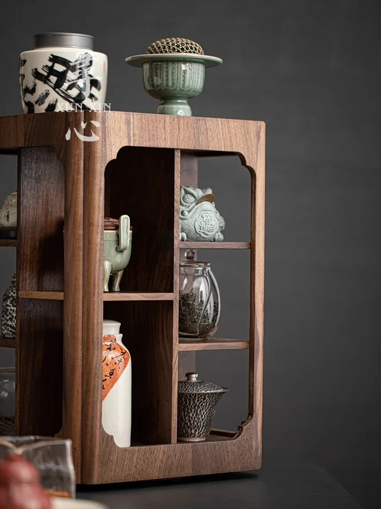 Walnut Shelf Tea Storage Cabinet Living Room Small Bogu Rack Rotating Tea Set Rack Tea Display Cabinet