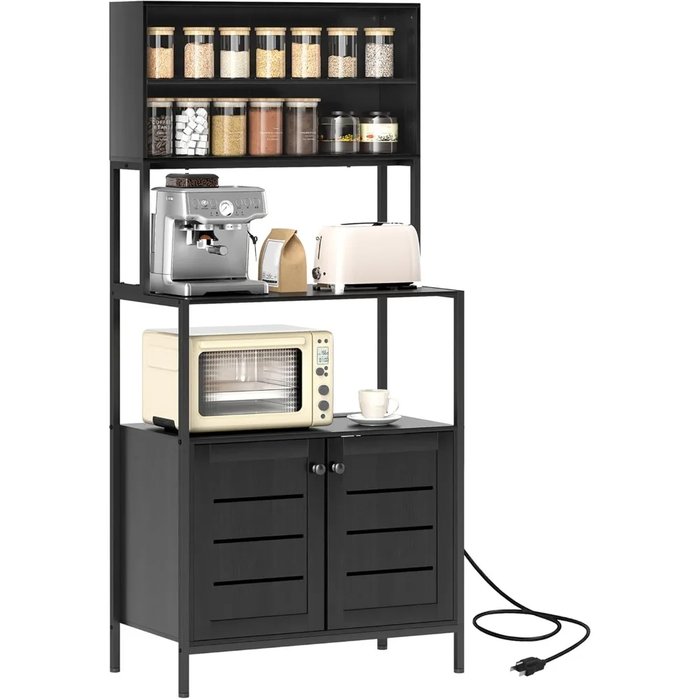 HOMCOM Kitchen Bakers Rack with Power Outlet, Coffee Bar Cabinet with Storage Shelves, Microwave Stand with Louvred Door Cabinet