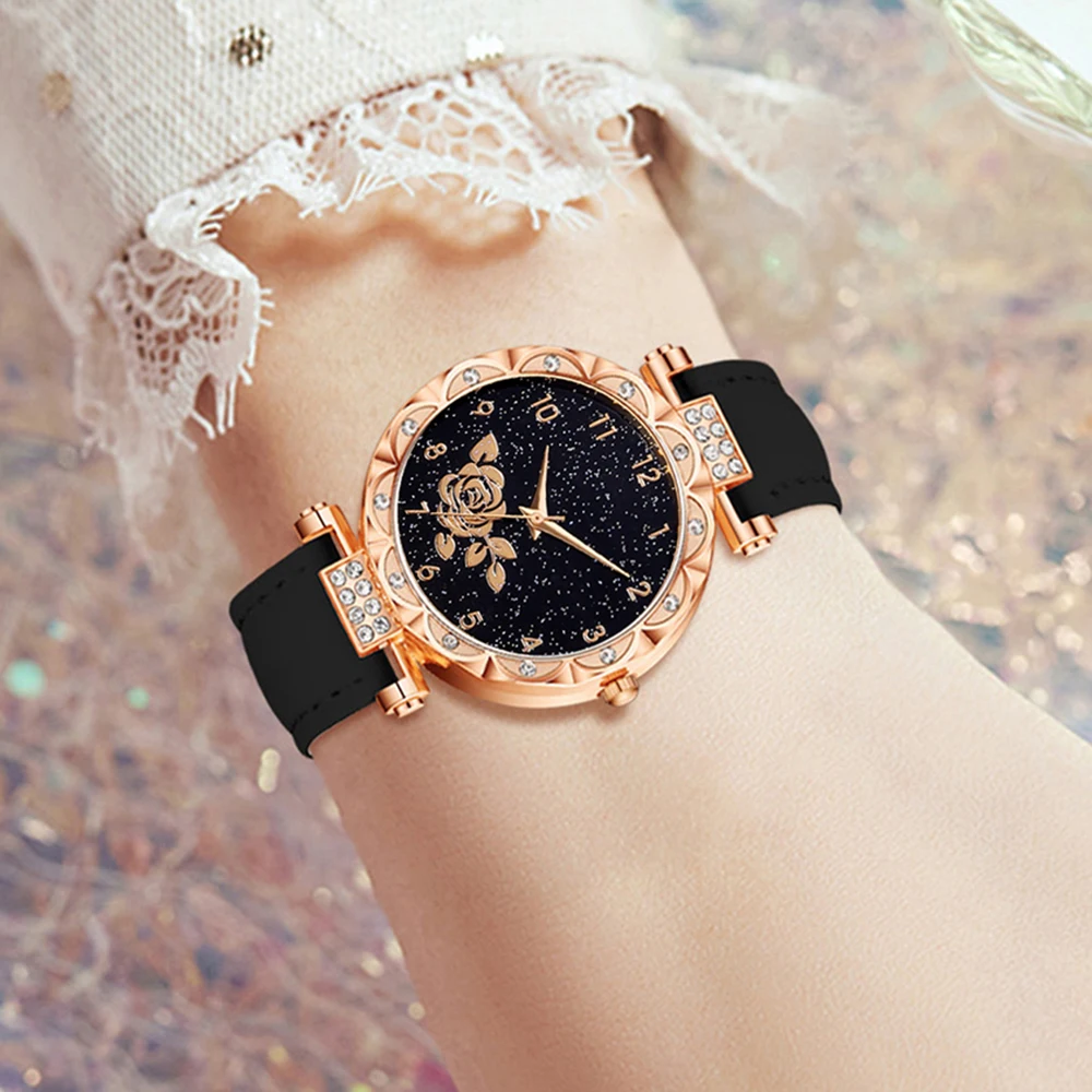 7PC Women's Watch Set Fashionable and Elegant Flower Element Dial Quartz Watch Bracelet Necklace Ring Earrings Set Perfect Gift