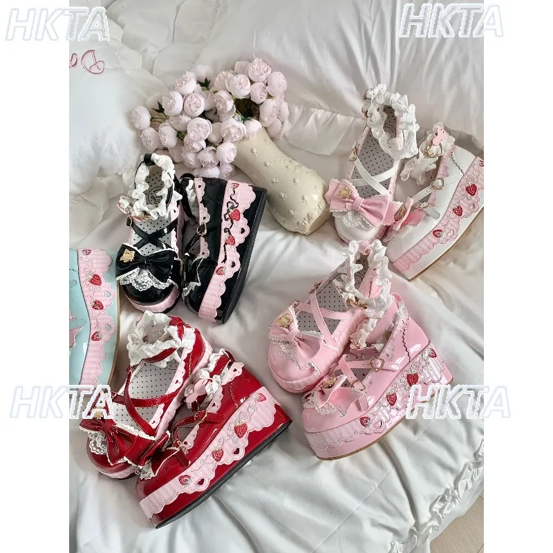 Japanese Sweet Kawaii Lace Bow Round Head Cute Lolita Patent Platform Mary Jane Shoes New Heightening Black Muffin Shoes Women