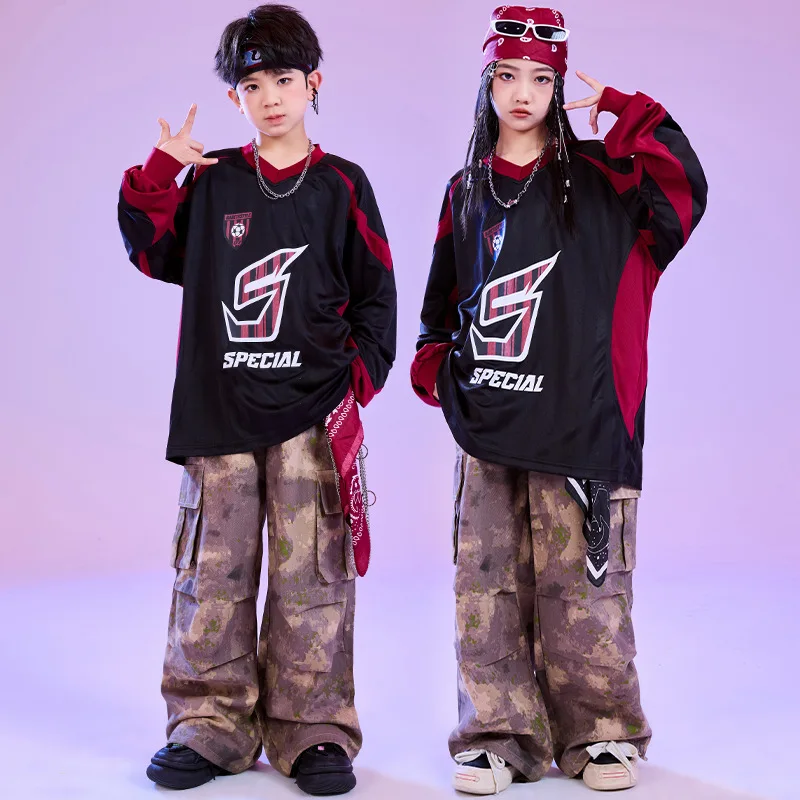 

Kids Hip Hop Clothing Black-Red Long Sleeves Tops Streetwear Camouflage Cargo Pants for Girls Boys Dance Costume Clothes