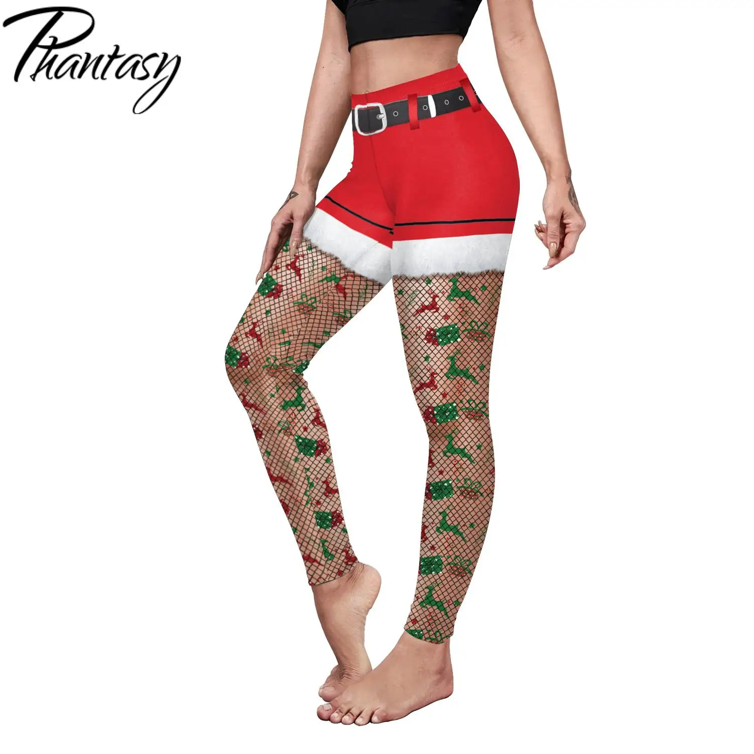 Phantasy Sexy Dames Kerstlegging Kerst Nep Shorts Kousen Patroon Legging Yogabroek Festivalbroek Herfst Winter