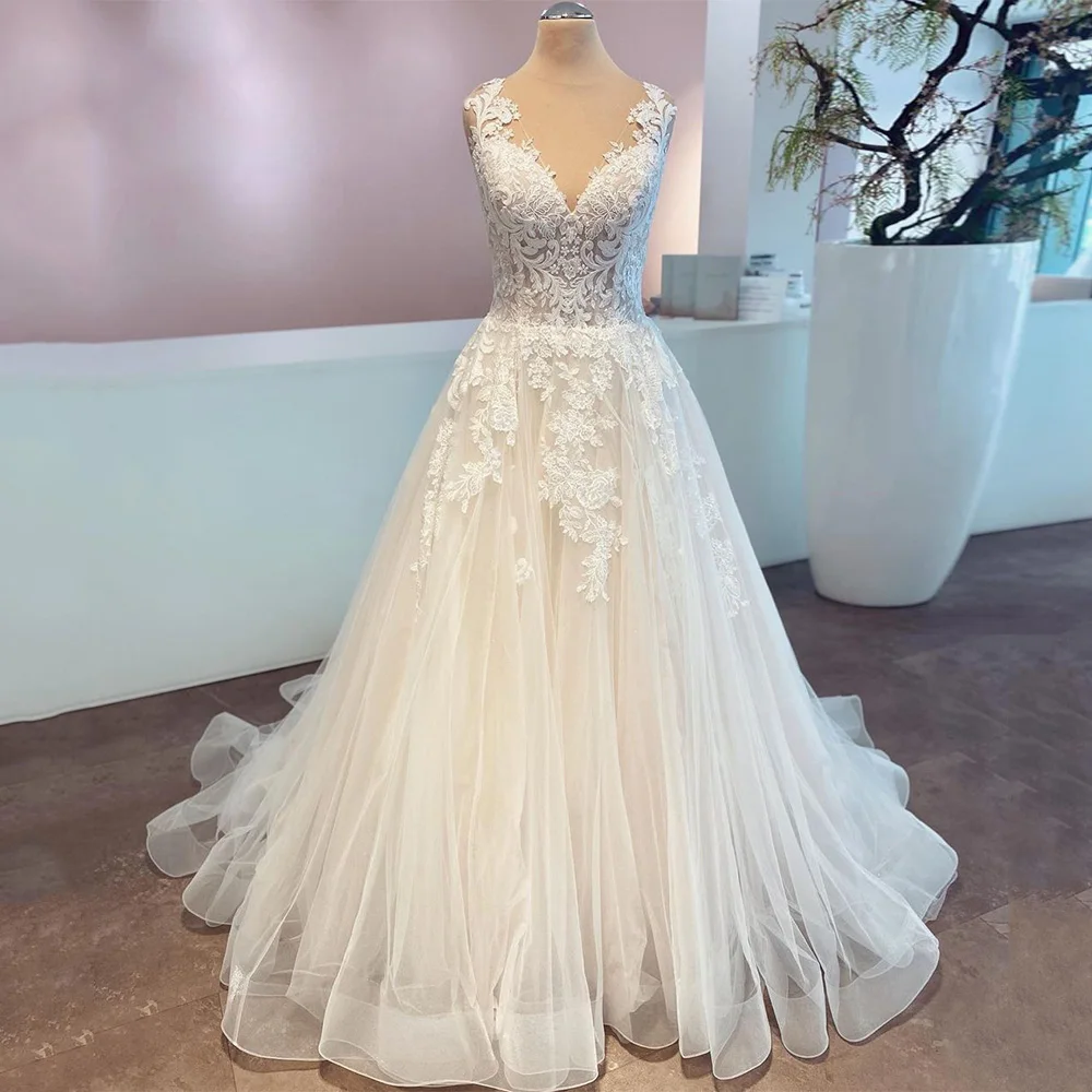 Vestidos De Novia Hochzeitskleid, maßgeschneidert, V-Ausschnitt, ärmellos, Applikation, Sweep-Zug, A-Linie, glitzerndes Brautkleid für die Braut der Frau