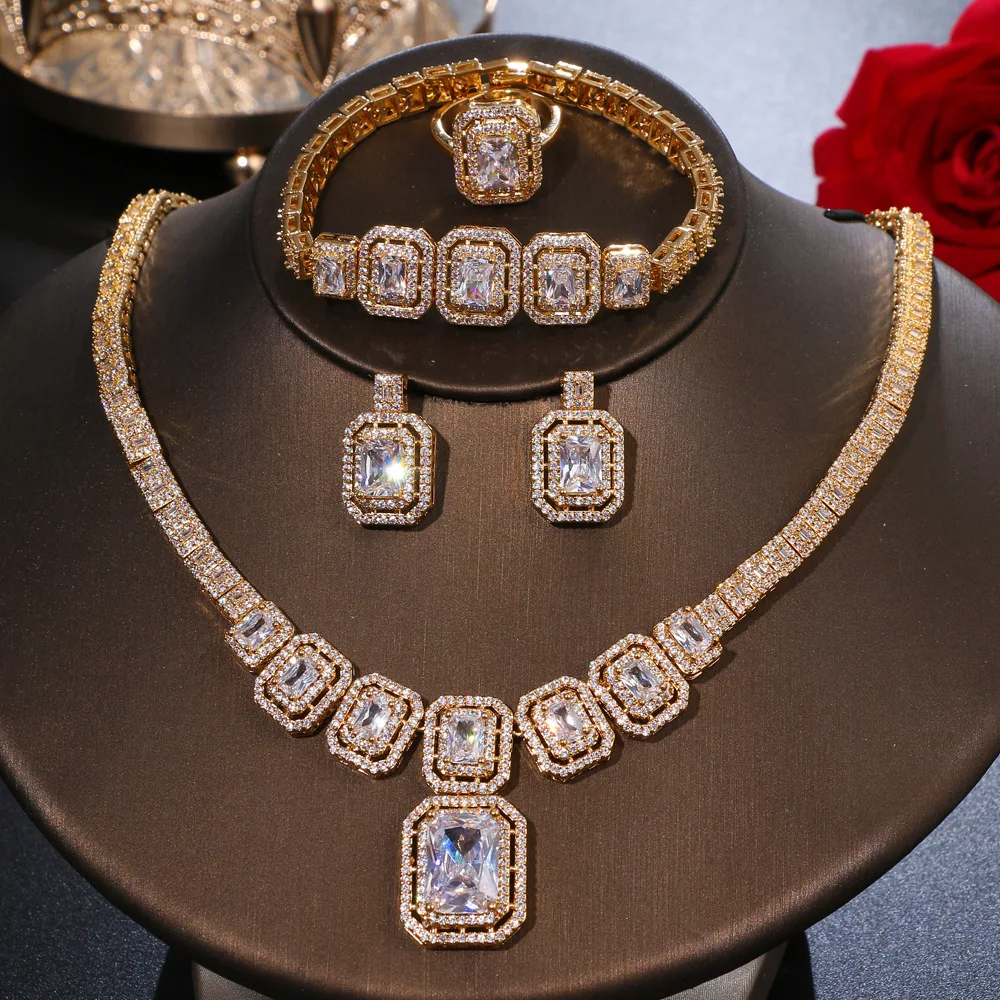 Luxury Rectangle CZ Bridal Jewelry Set 4Pcs Necklace Earrings Bracelet Ring Wedding Party Cubic Zirconia Women Costume Jewelry