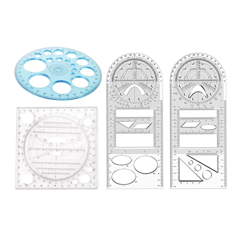 QWE-4Pcs 다기능 기하학 눈금자 측정 그리기 눈금자 학생 학교 사무실 공급을위한 플라스틱 수학 도구