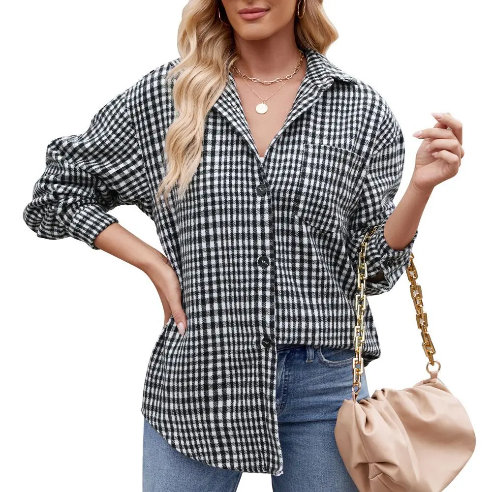 2024 Spring Autumn Women\'s Blouses Female Thousand Bird Plaid Button Down Flannel Shirt Women Casual Lapel Long Sleeve T-shirt