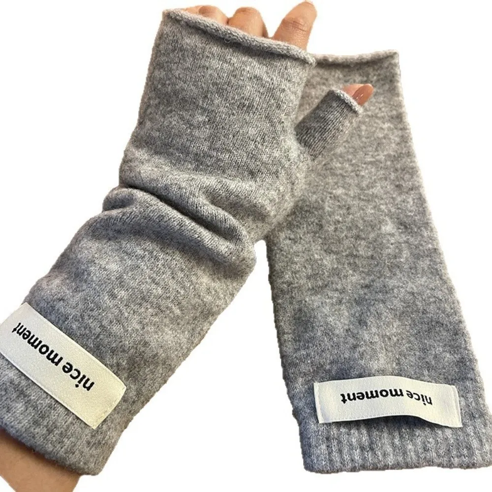 Faux Cashmere Fingerless Gloves Soft Fabric Warm Lining Half-Finger Gloves Knit Texture Elastic Cuff Stacked Gloves For Women