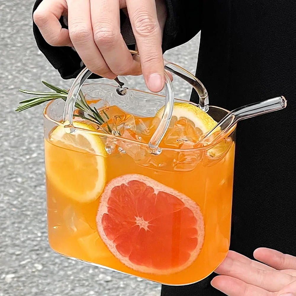 Handbag Shape Glass Beverage Cup Cocktail Wine Transparent Cups with Straw Creative Fruit Tea Juice Special Home Drinkware