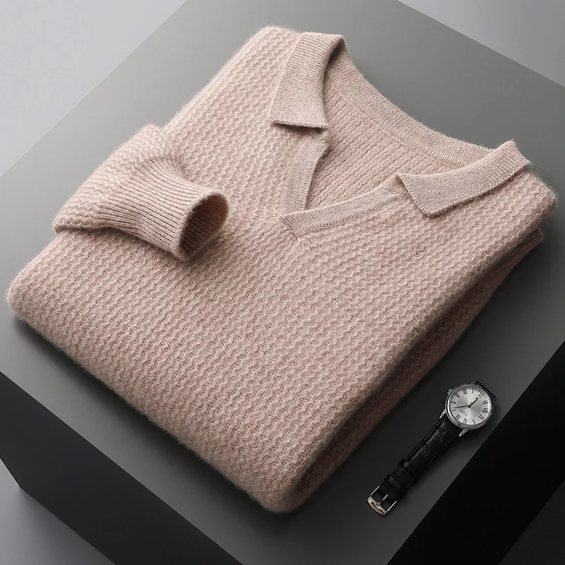 Autumn and winter new 100% wool cashmere sweater men's PoLo neck pullover casual large size thick lapel shirt warm knit jacket