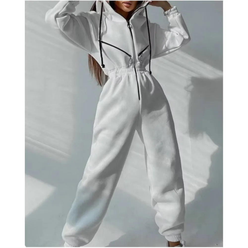 Herfst Dames Monochroom Lange Mouwen Jumpsuit Effen Kleur Zip-Up Sportkleding Vrouwelijke Winter Casual Trainingspak Modieuze Hoodies