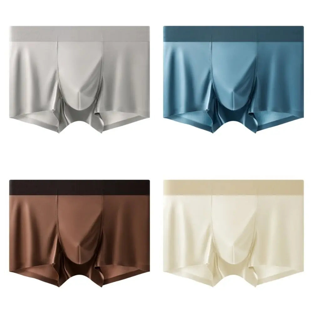 Breathable Thin Satin Silk Boxer Briefs Seamless Mid Waist Ice Silk Boxers Underpants Lingerie Underwear for Men Daily