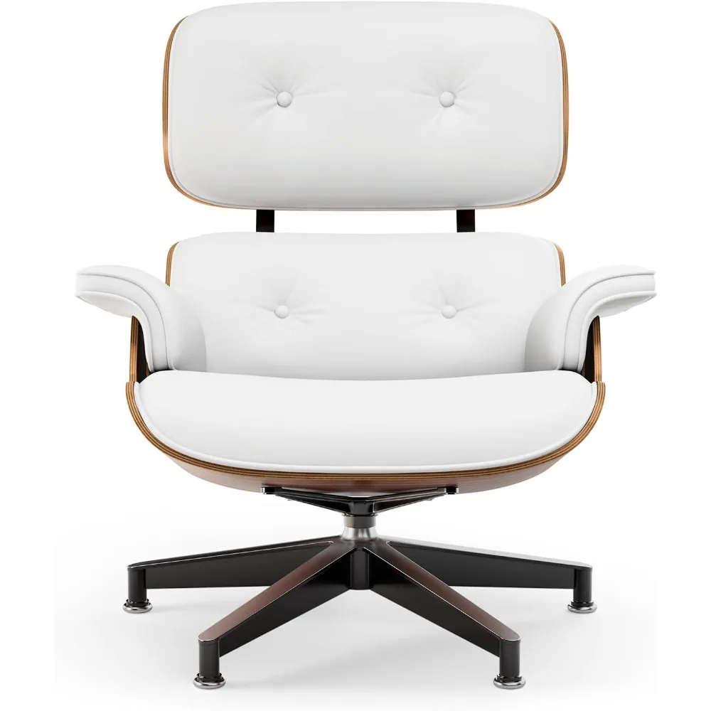 เก้าอี้พักผ่อนและออตโตมันสไตล์มิดเซ็นจูรี่ หุ้มด้วยหนัง PU สีขาวคุณภาพสูง ดีไซน์คลาสสิกทันสมัย โครงไม้ปาลิแซนเดอร์ ฐานแข็งแรงทนทาน