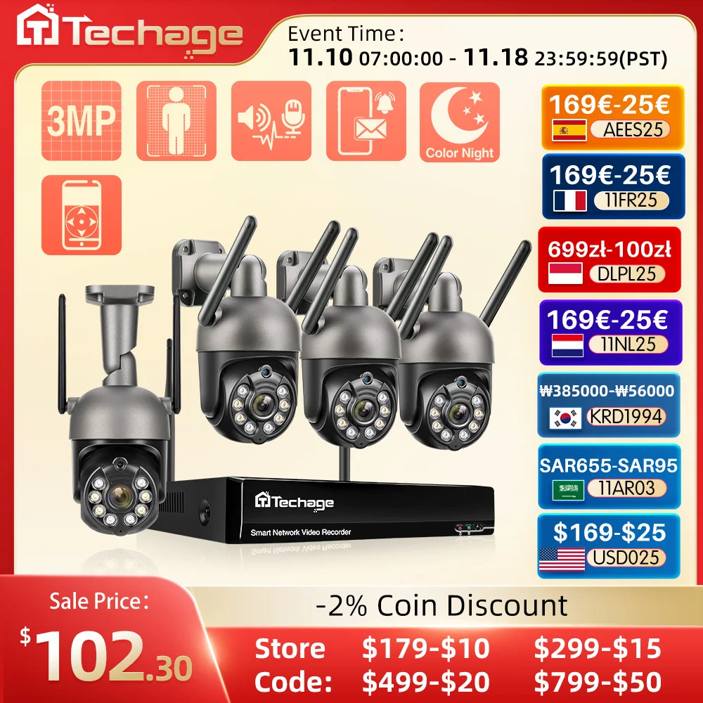 Techage 3MP PTZ беспроводная система видеонаблюдения двусторонняя аудиосвязь WIFI IP камера безопасности 10CH P2P NVR комплект