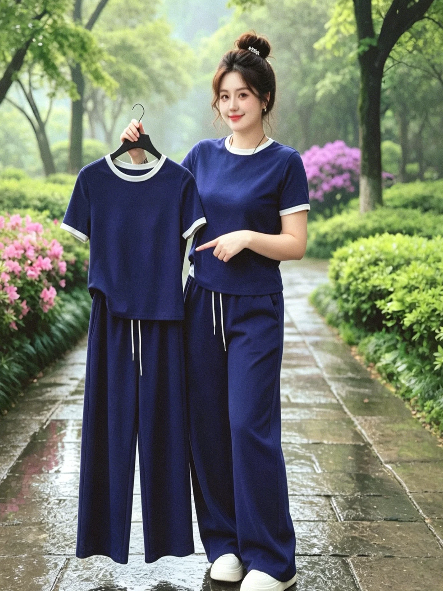 

2026 New Women's plus Size Loose Slimming Color Block T-Shirt Wide Leg Pants Two-Piece Set Fashionable Casual Wear