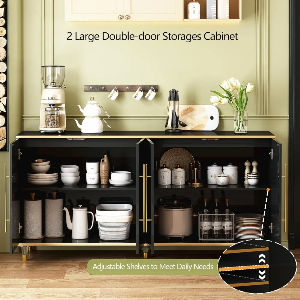 Armário buffet de 63" com armazenamento, armário de bar de café de alto brilho com prateleiras e portas ajustáveis, console de armazenamento moderno