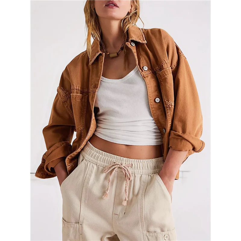 ABRT-Jaqueta jeans feminina de manga comprida com lapela solta