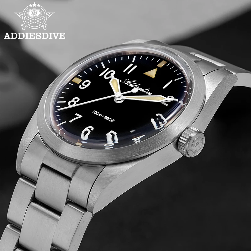 ADDIESDIVE AD2502 Titanium Watch Men 36mm Quartz Wristwatch Domed Glass 100m Waterproof Luminous VH31 Dress Light Watch