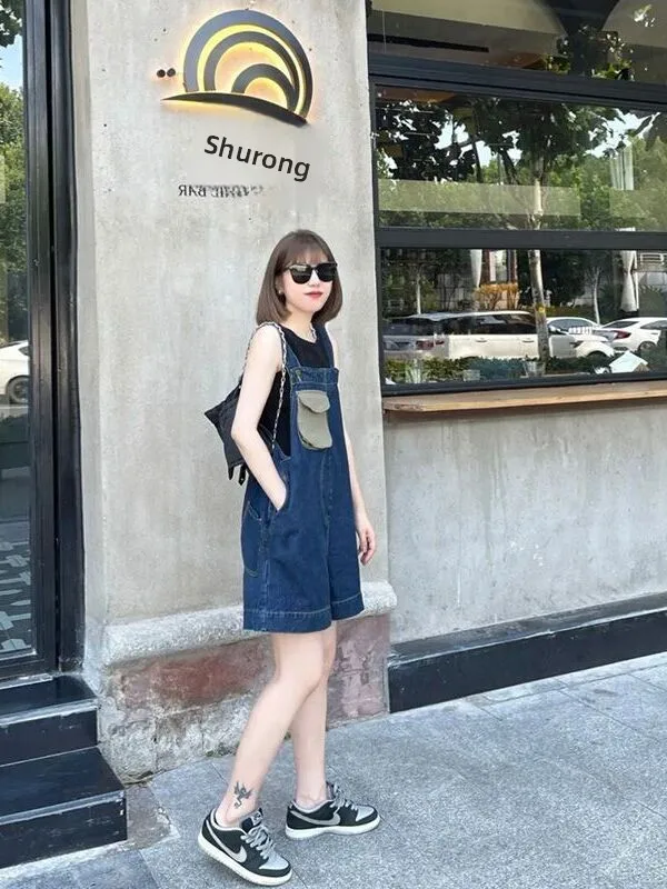 Slimming Design Denim Overalls Women's Summer Thin Large Size Faionable orts Sister in plus Size One-Piece Suit