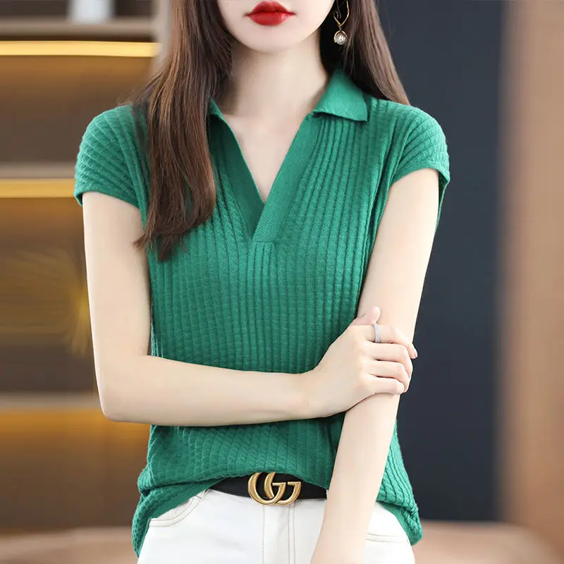 Fashion Lapel Solid Color Short Sleeve Shirt Summer All-match Casual Pullovers 2024 Women Clothing Loose Commute Knitted Blouse