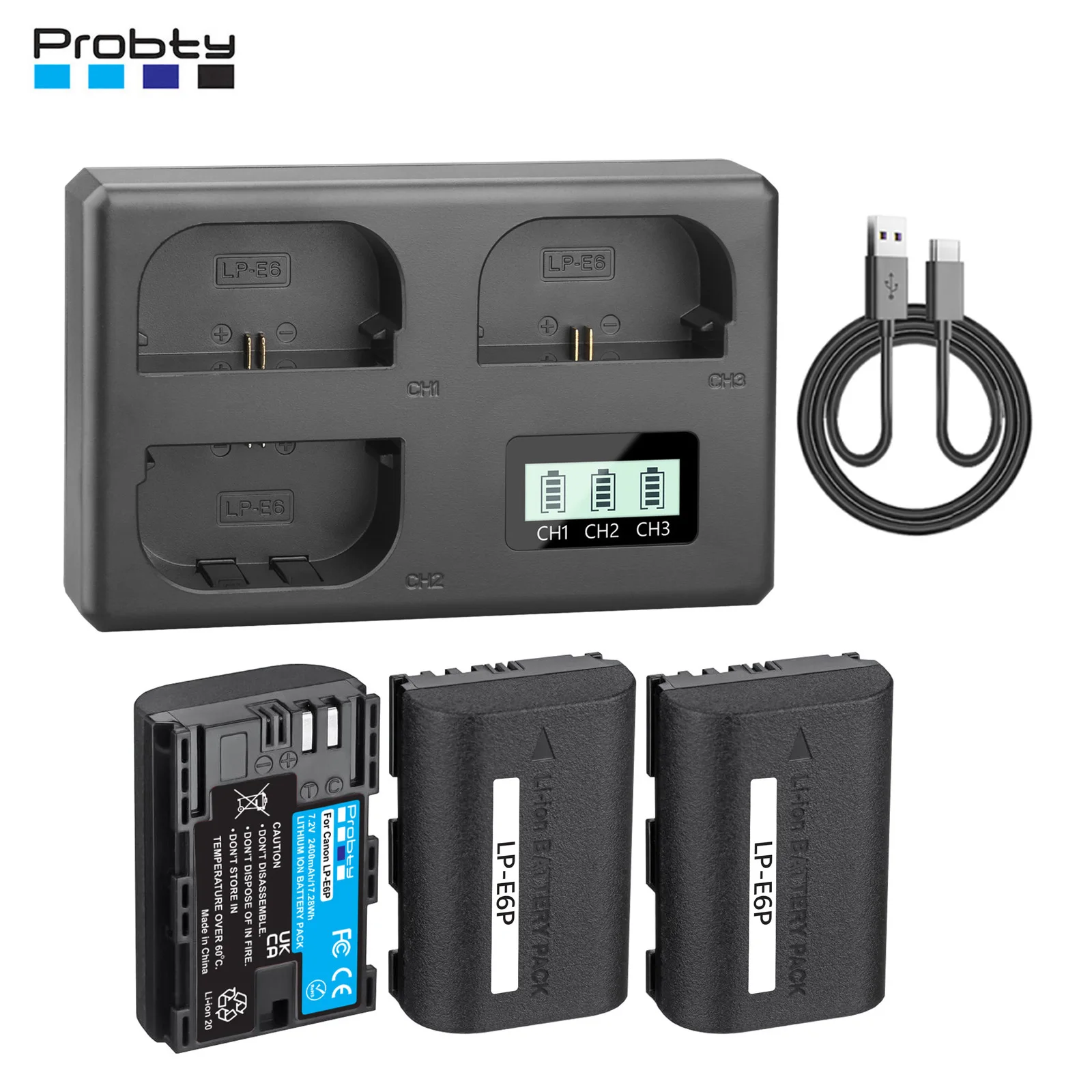 Probty 2400 mAh LP-E6P LP E6P LP E6P Battery + Three Channel Charger for CANON EOS R5 II R6 R5 Camera