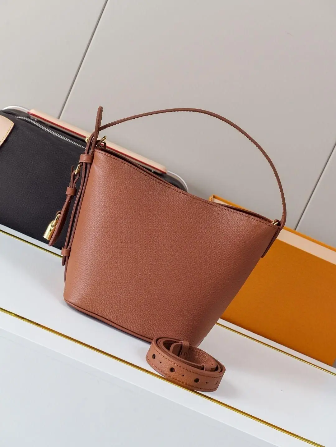 

Caramel Brown Leather Bucket Bag with Gold Lock, Mini Top Handle Crossbody Purse, Luxury Designer Inspired Women's Handbag