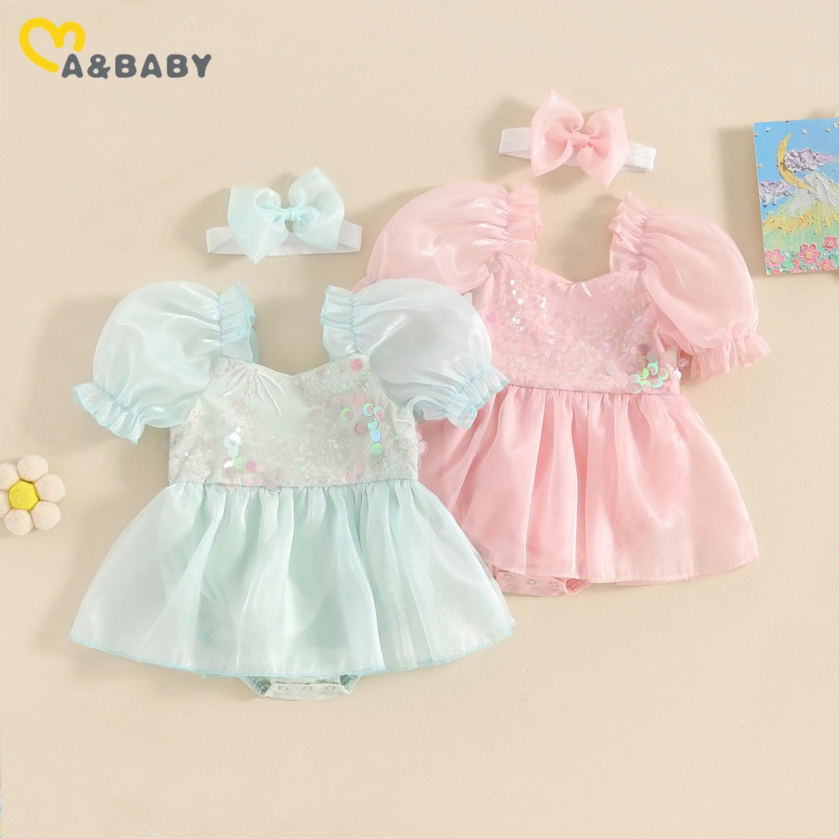 

ma&baby 0-18M Baby Girls Rompers Newborn Infant Toddler Jumpsuit Sequins Short Sleeve Tulle Sunsuit Headband Summer Outfits