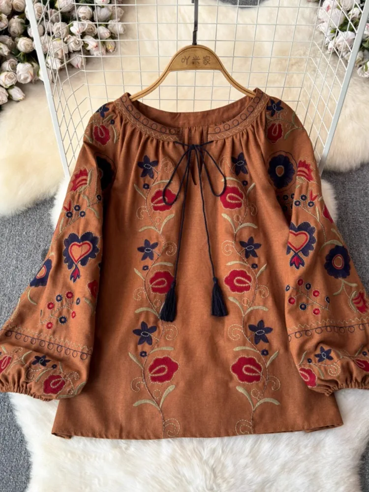 

Hikigawa Chic Fashion Vintage Heavy Embroidery V neck Loose Blouse Casual Bational Style Long Sleeve Shirts Drawstring Top Mujer
