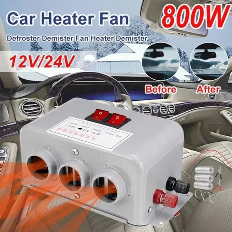 Ventilador calefactor para coche, 12V, 24V, 800W, ventilador de calefacción para furgoneta, descongelador de parabrisas, calentador de aire, 3 puertos para RV, autocaravana, remolque, camiones