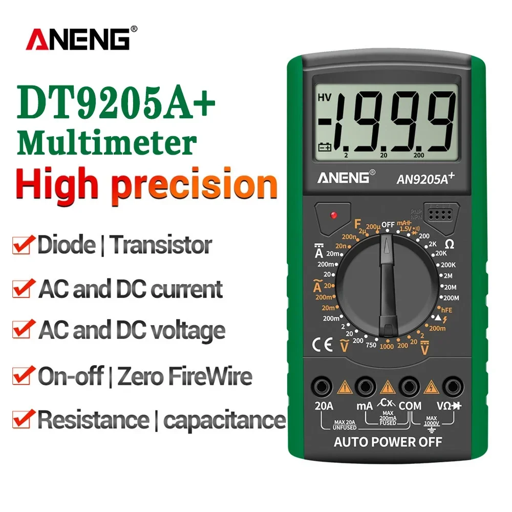 ANENG-multímetro Digital DT9205A +, probador Profesional de transistores eléctricos, medidor de prueba NCV, rango automático Ture RMS