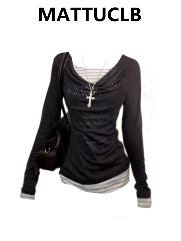 

Осень-зима 2022, женский американский винтажный топ, темная академия, футболка Kpop с длинными рукавами, искусственная футболка из двух предметов Gyaru Y2k Coquette, новинка