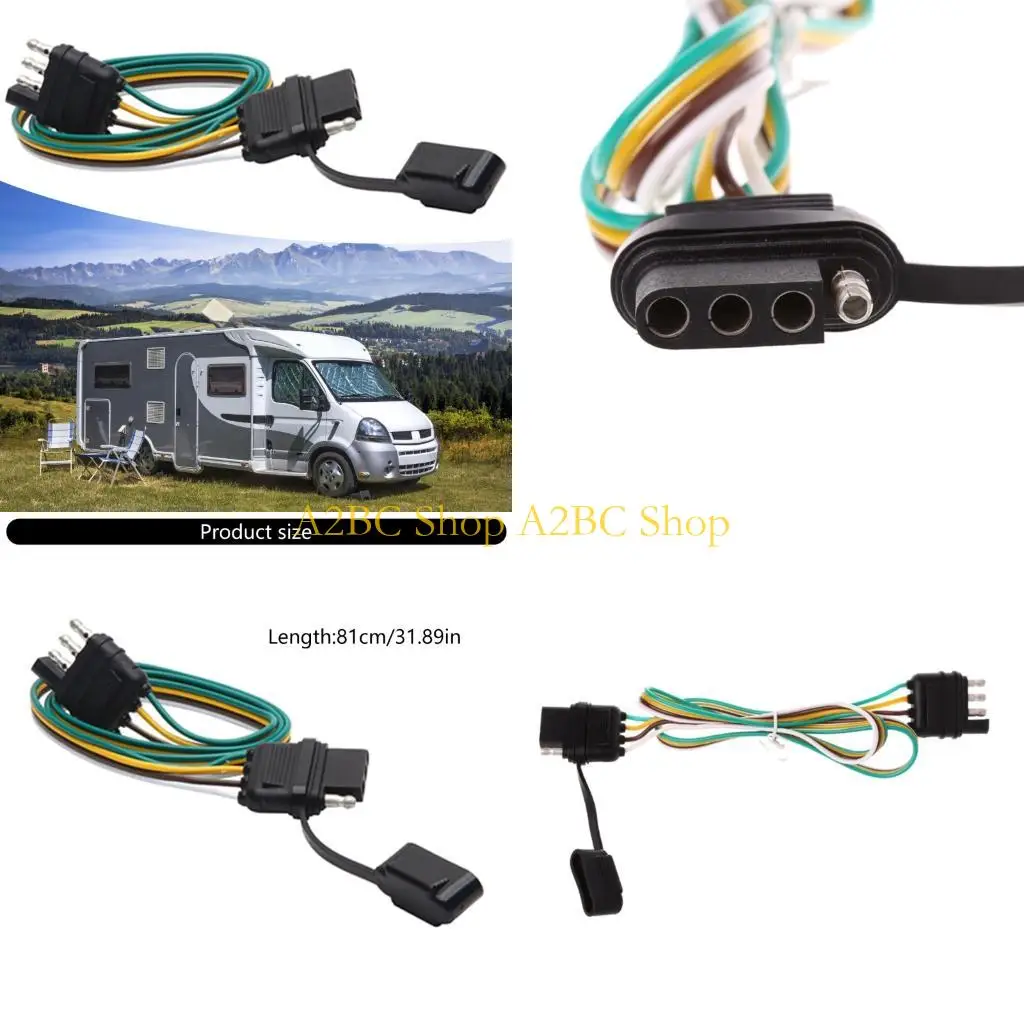 A2BC Quick Install Waterproof 4 Way Trailer Socket Adapter Strong ABS Housing Strong 4 Poles Trailer Extension Cable 81cm